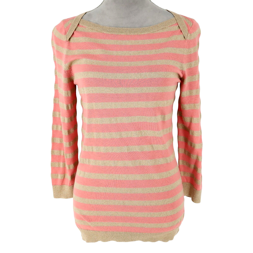 Talbots Pink Gold Metallic Sweater Small Womens Stripe Pullover Boat Neck